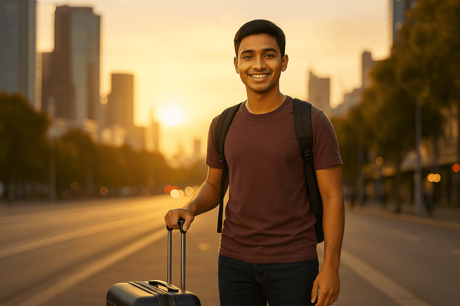 Bangladeshi student standing with suitcase in Melbourne.